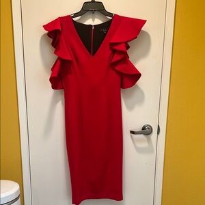 Posh Couture Vibrant Red Midi Dress with Ruffle Sleeves